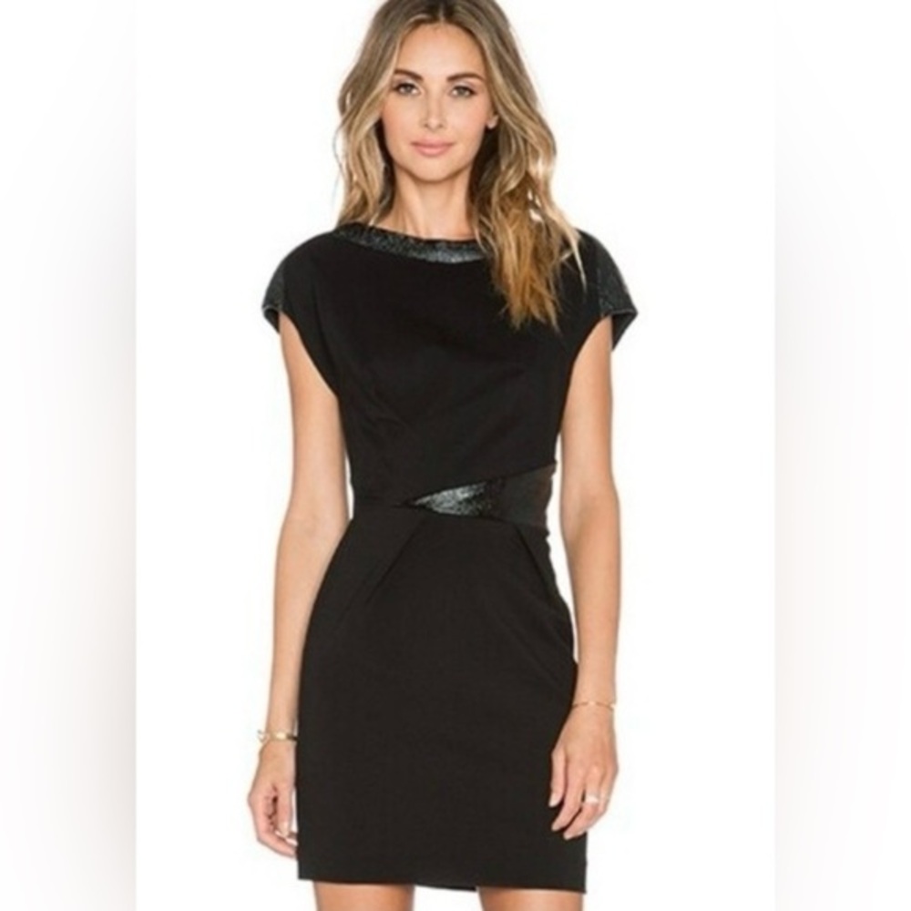 The Kooples Black Sheath Mini Dress Faux Leather Trim Boatneck Size 38 / US 6